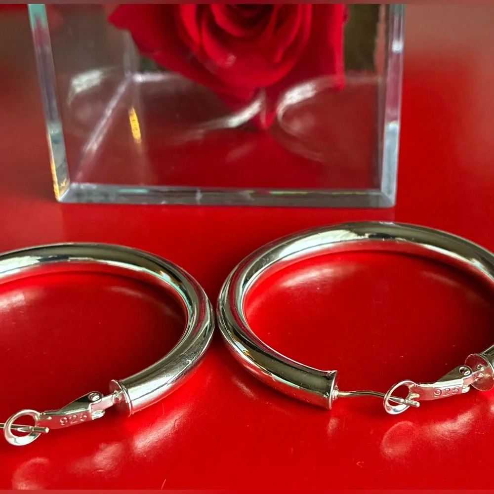 925 Silver Earrings,Classic Chunky Hoop Earrings in Silver